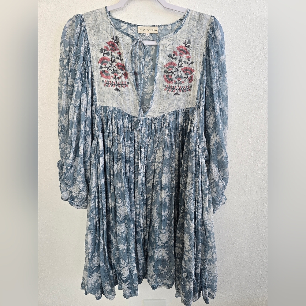 Daughters of India Jaya Mini Dress in Juniper Floral Blue Dress Size XL - Picture 9 of 16